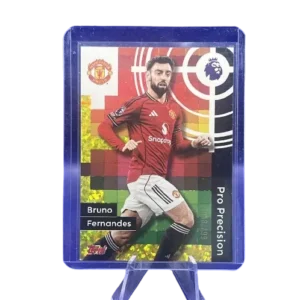 Front of 2025-26 Topps Premier League Pro Precision #412 Bruno Fernandes Yellow Sparkle card numbered 120/299 in Mint condition.
