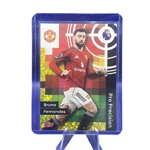 Front of 2025-26 Topps Premier League Pro Precision #412 Bruno Fernandes Yellow Sparkle card numbered 120/299 in Mint condition.