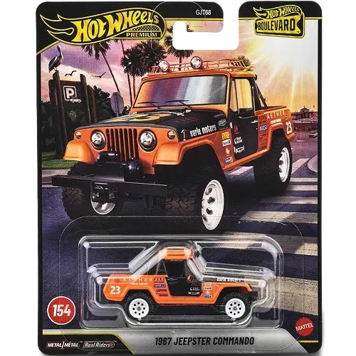 Hot Wheels Premium Boulevard 1967 Jeepster Commando orange and black 1:64 die-cast model with Real Riders tyres